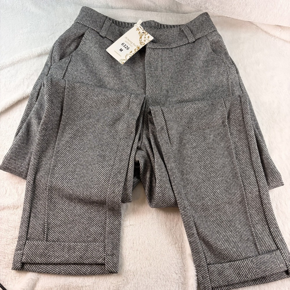 NWT Ni Hong Hui Grey Herringbone Trousers Size M Style 6326 Smart Casual Pants